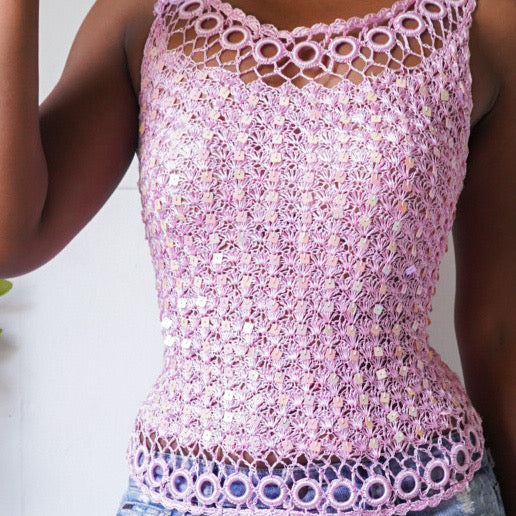 Rare Y2K Pink Sequin Crochet Knit Top