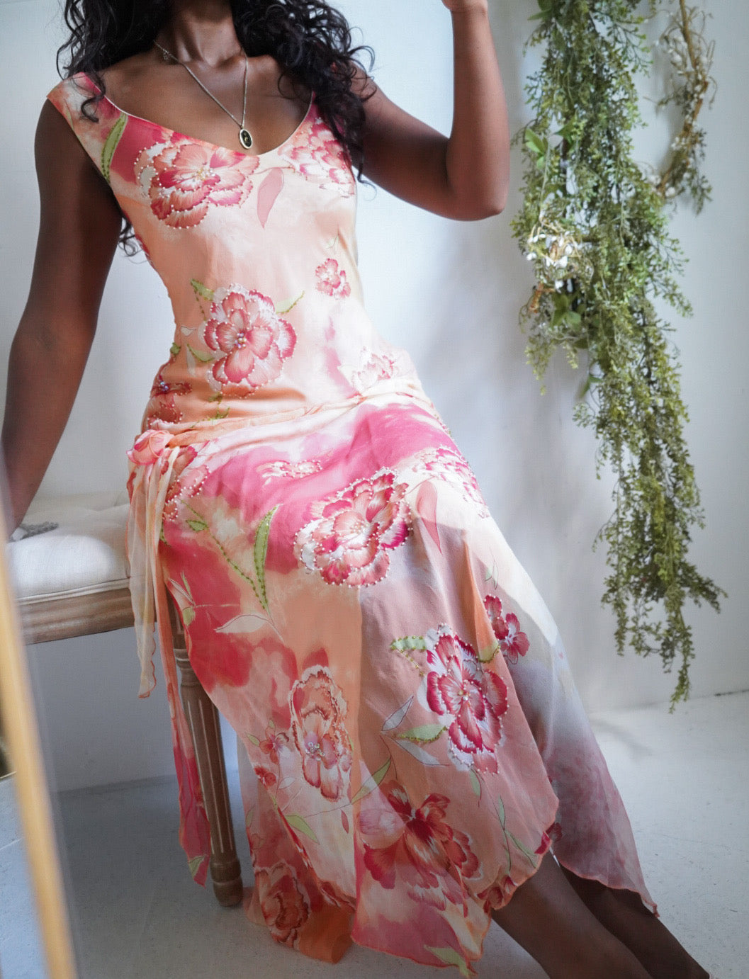 Y2K Peachy Beaded Fairy Silk Dress