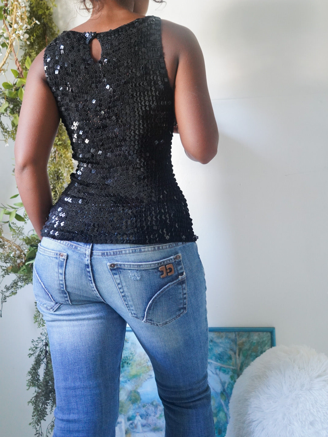 Rare Y2K Black Sequin Crochet Tank