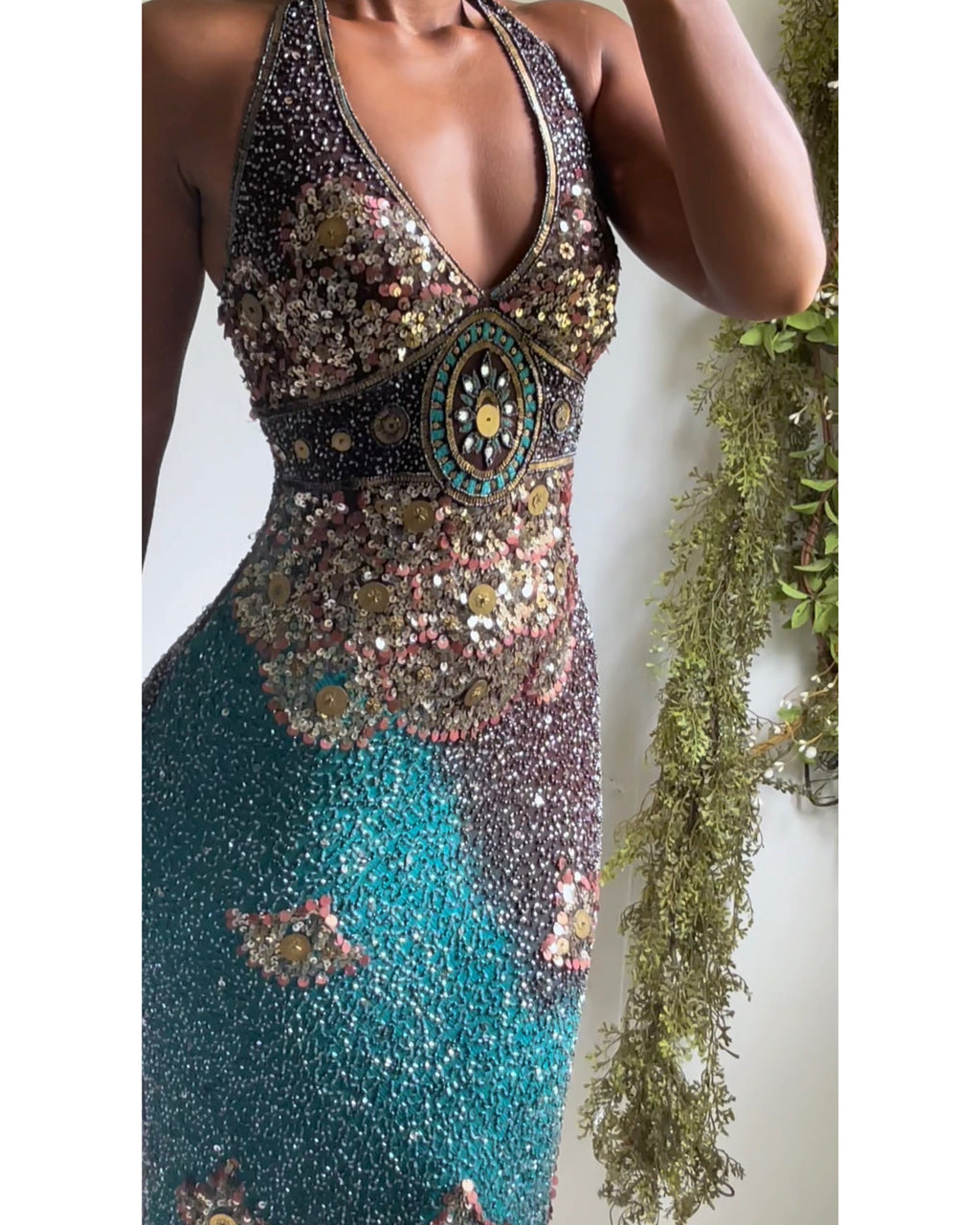 Y2K Brown and Teal Fully Beaded Halter Silk Dress