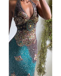 Y2K Brown and Teal Fully Beaded Halter Silk Dress
