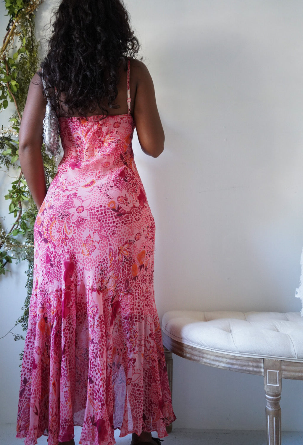 Y2K Coral and Pink Abstract Floral Beaded Ruffle Hem Dress
