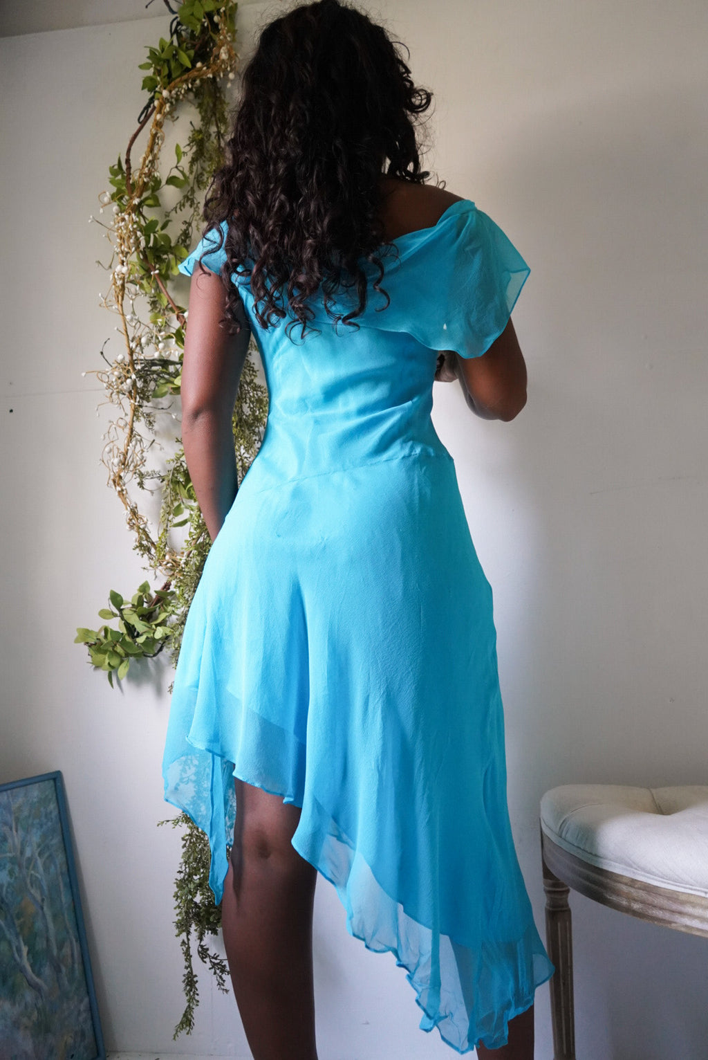 Y2K Turquoise Chiffon Off The Shoulder Fairy Dress