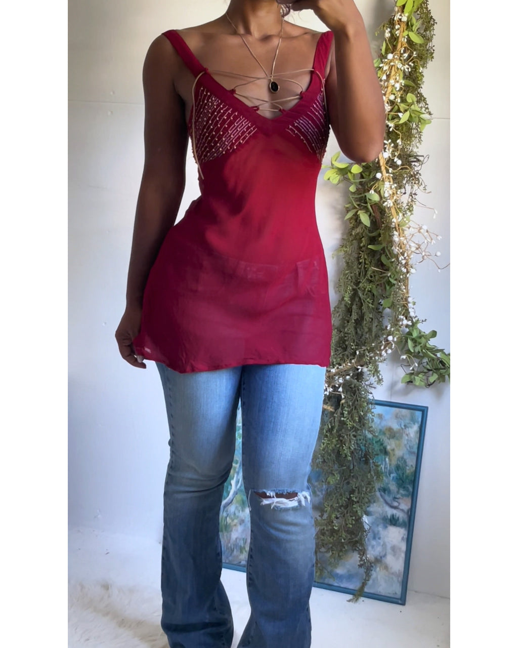 Y2K Maroon Boho Lace Up Detail Top