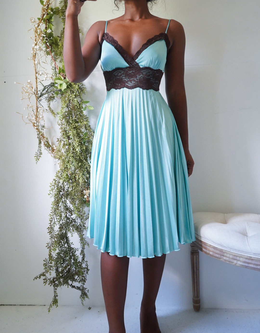 Y2K Aqua Lace Trimmed Dress with a Pleated Skirt
