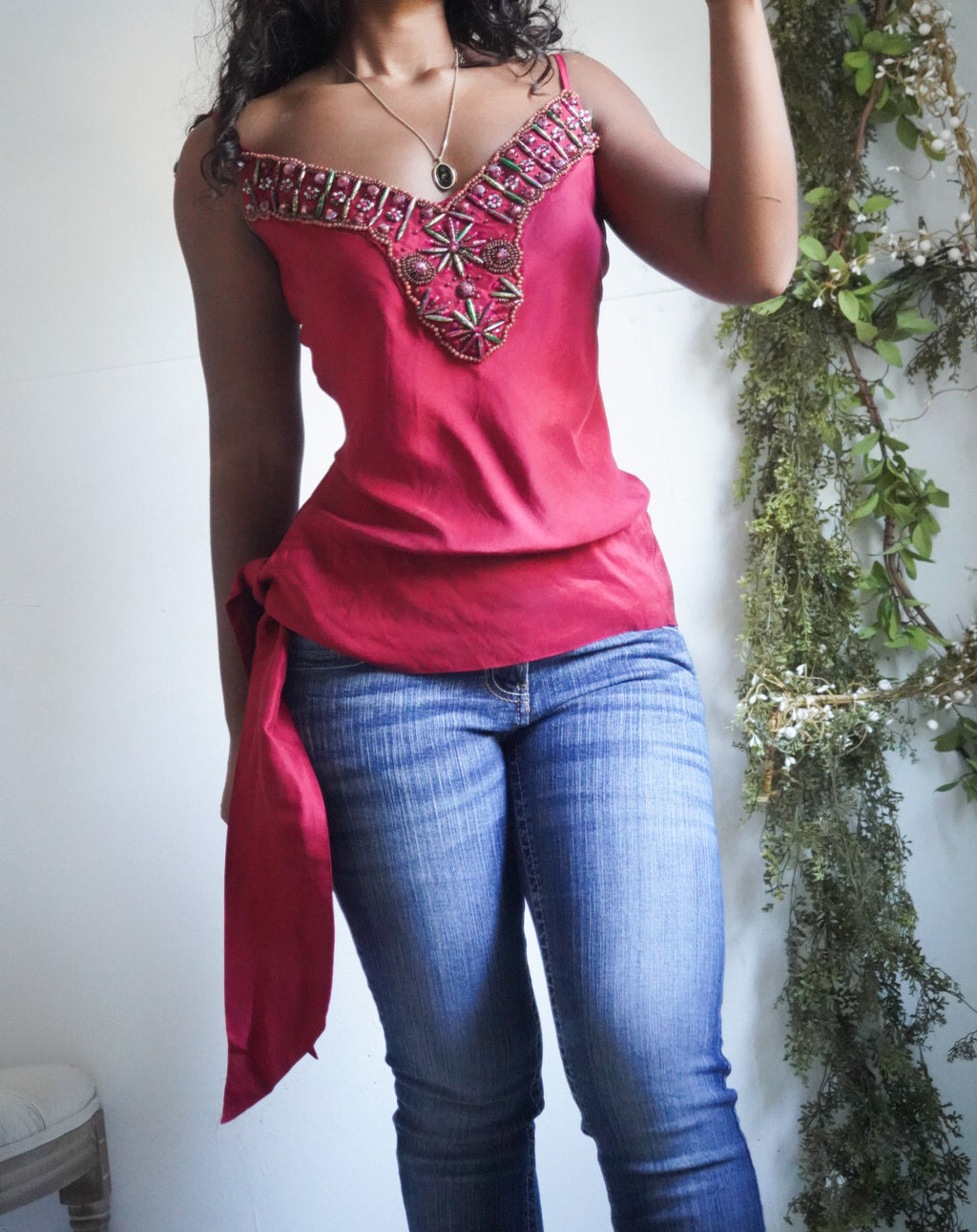 Y2K Red Silk Boho Tie Hem Cami