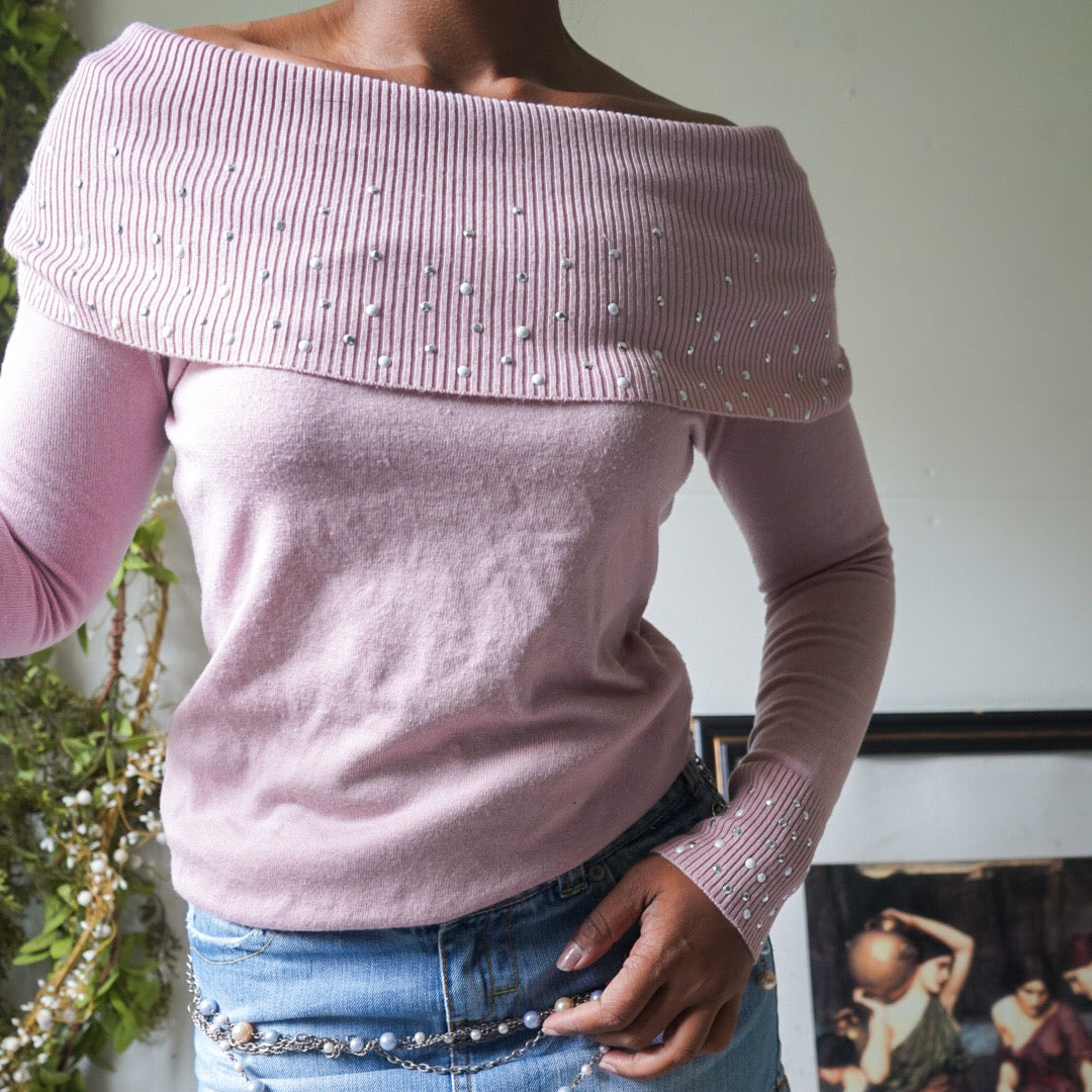 Light Pink Rhinestone Off Shoulder Sweater