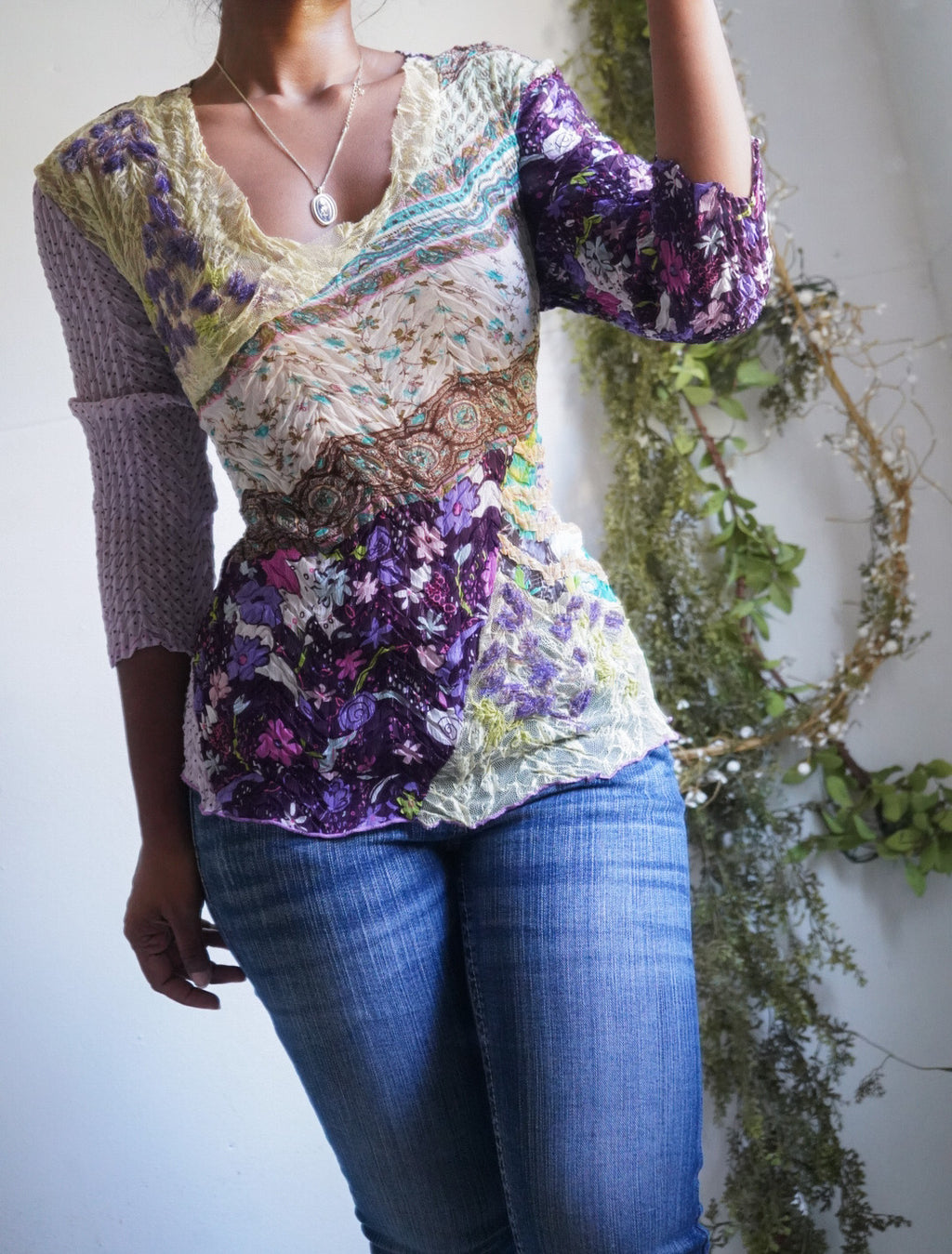 Y2K Patchwork Crinkle Pleat Alberto Makali Top