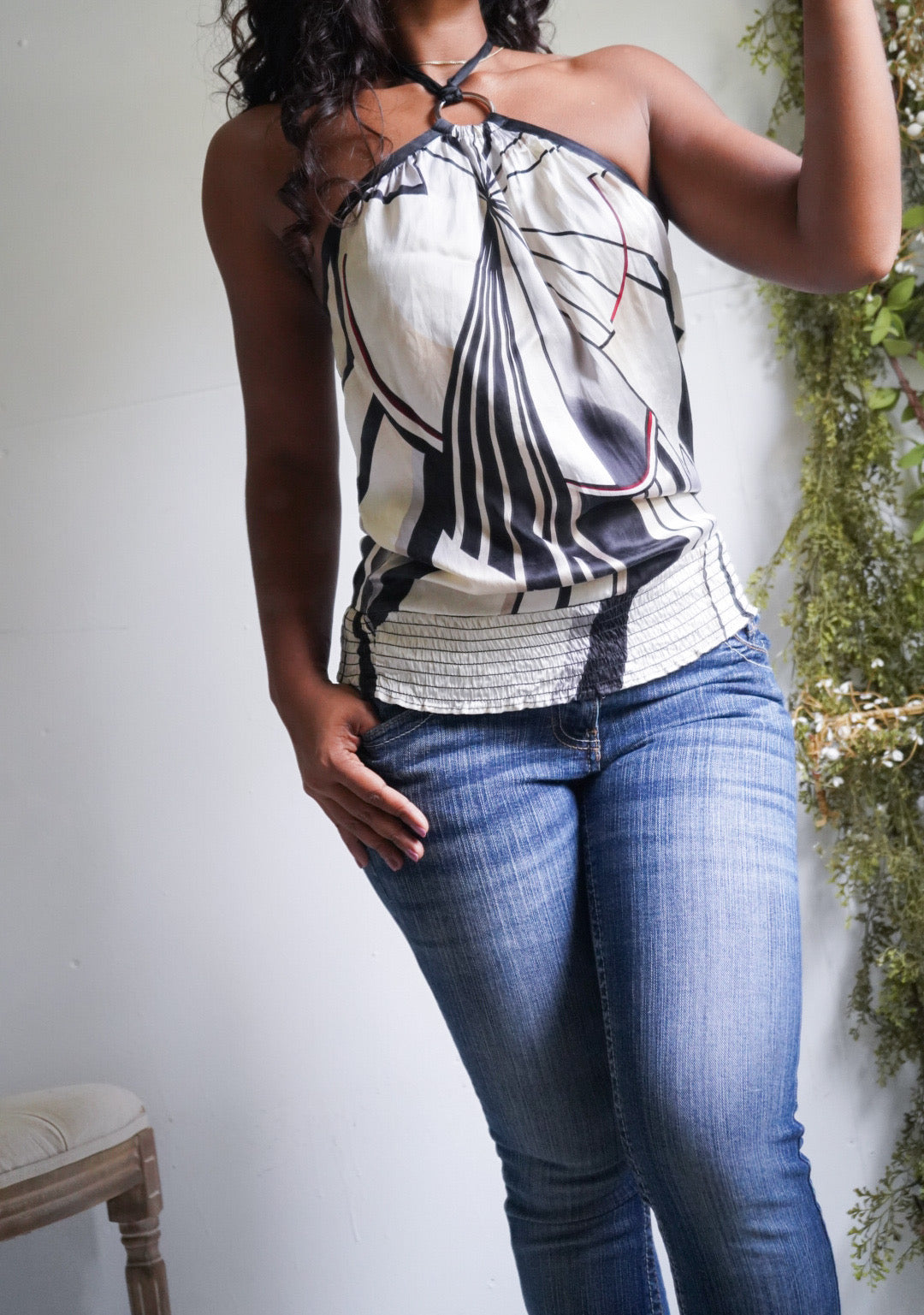 Y2K Silk Abstract Halter Band Hem Top