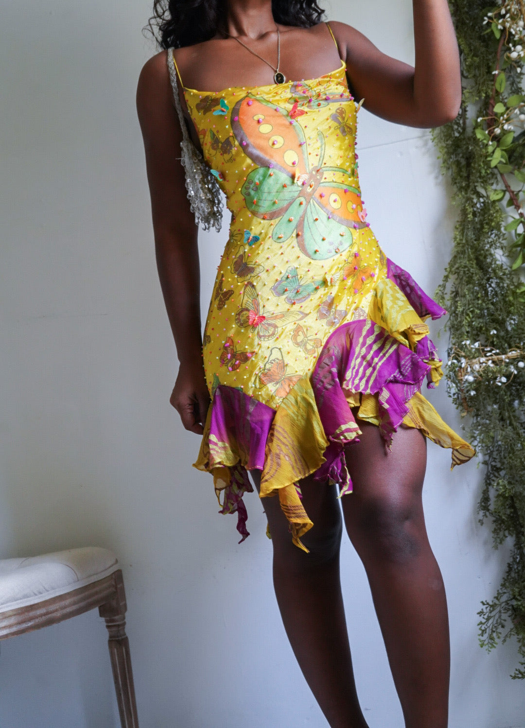 Yellow Butterfly Garden Reworked Handmade Fairy Mini Dress
