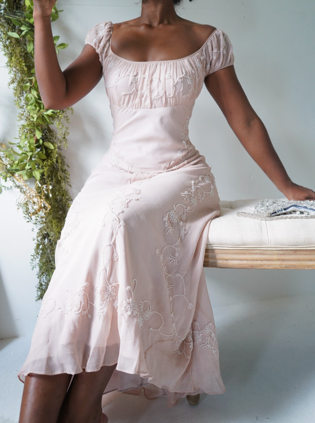 Rare Vintage 90s Silk Milkmaid Blush Nude Beaded Gown