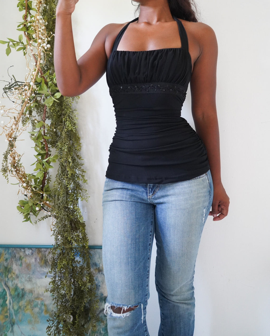 Y2K Black Milkmaid Ruched Halter Top