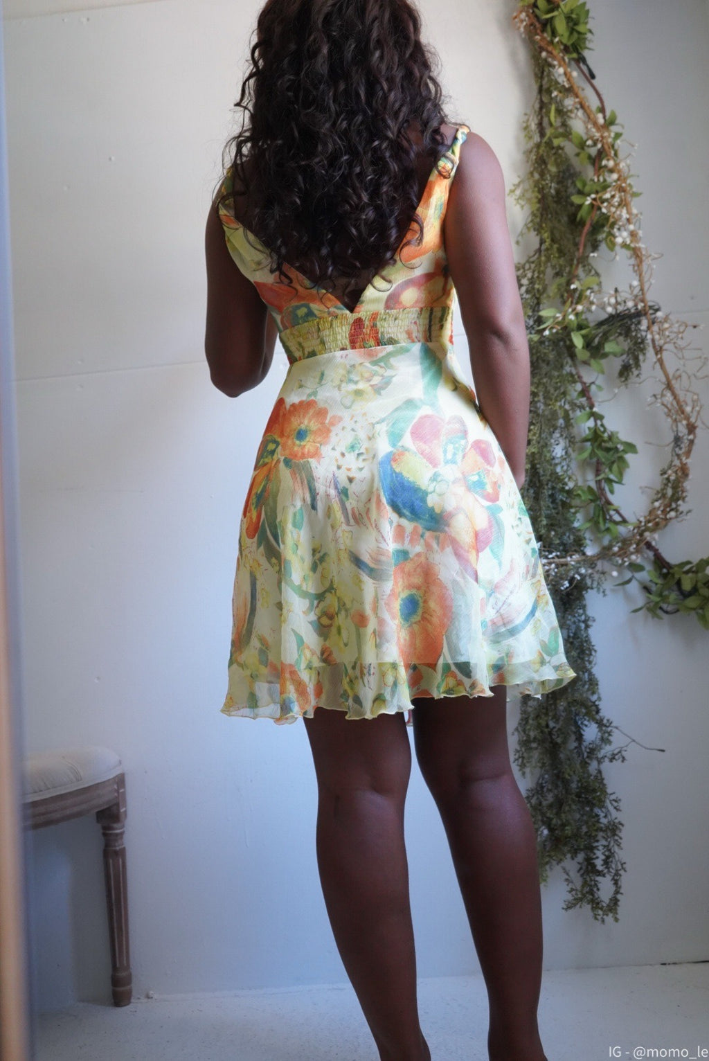 Y2K Pale Yellow Watercolor Silk Floral Mini Dress