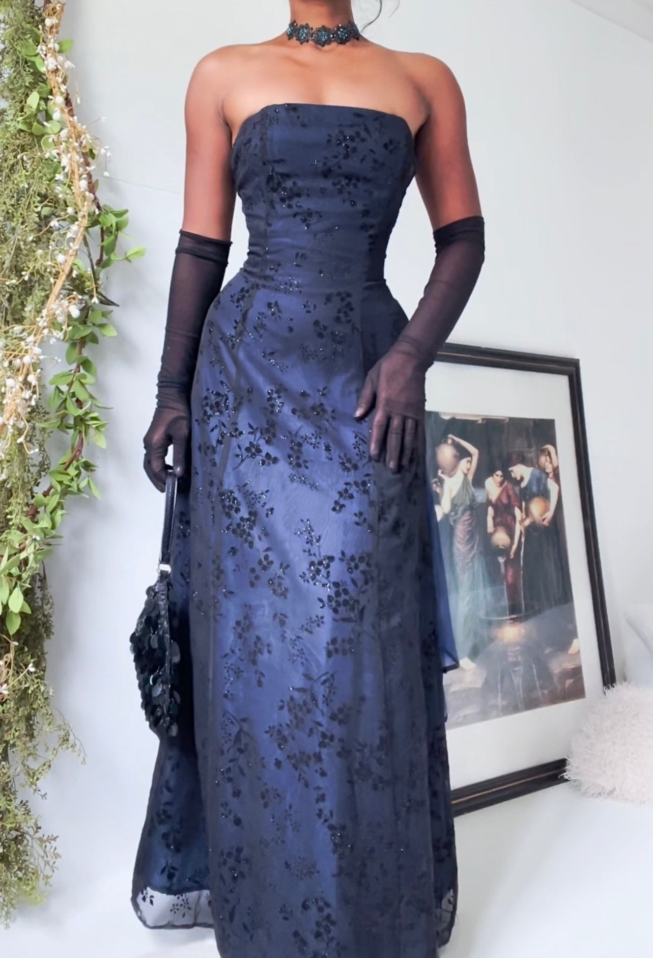 Rare Vintage Blue and Black Layered Strapless Gown