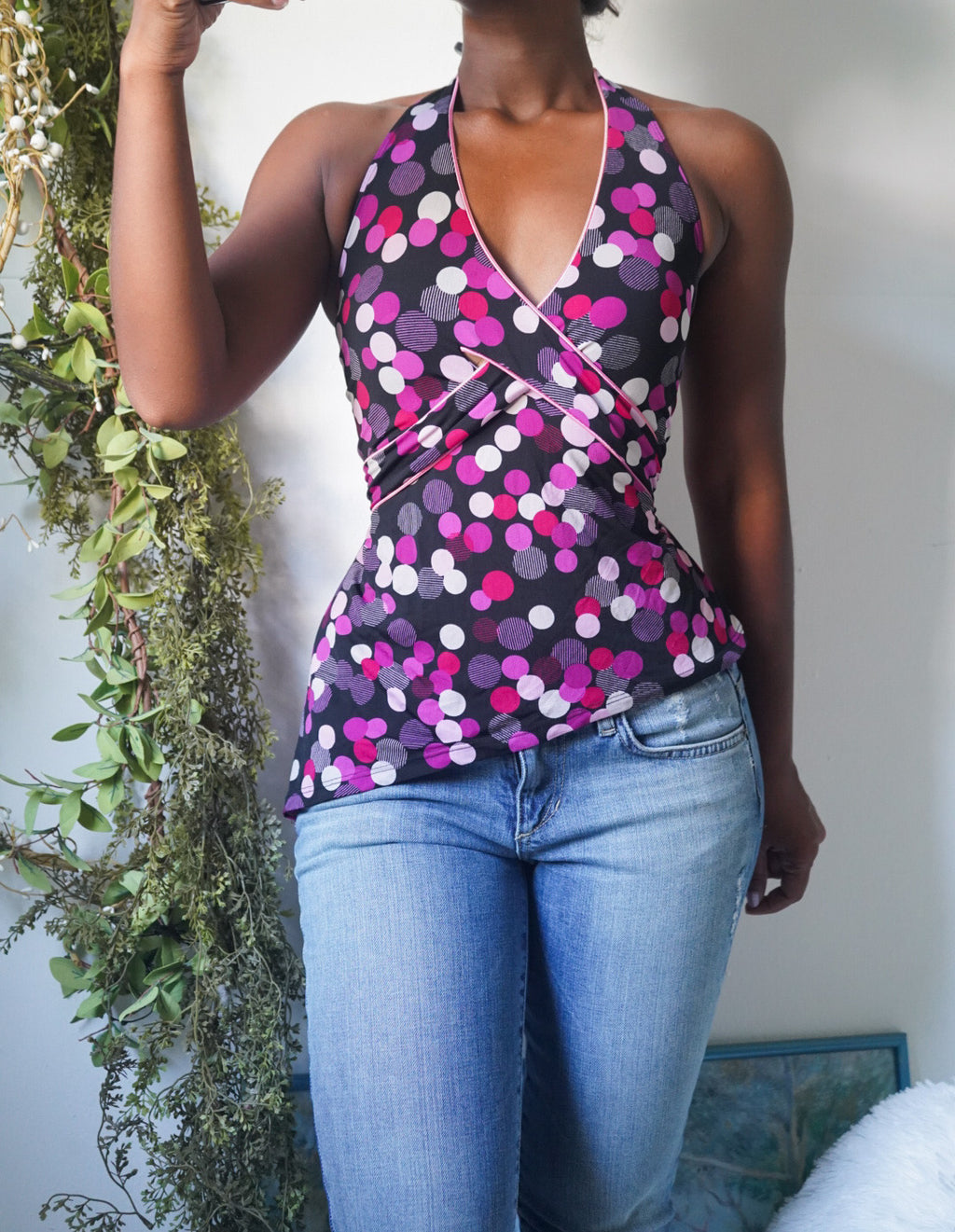 Y2K Polka Dot Halter Tie Back Top