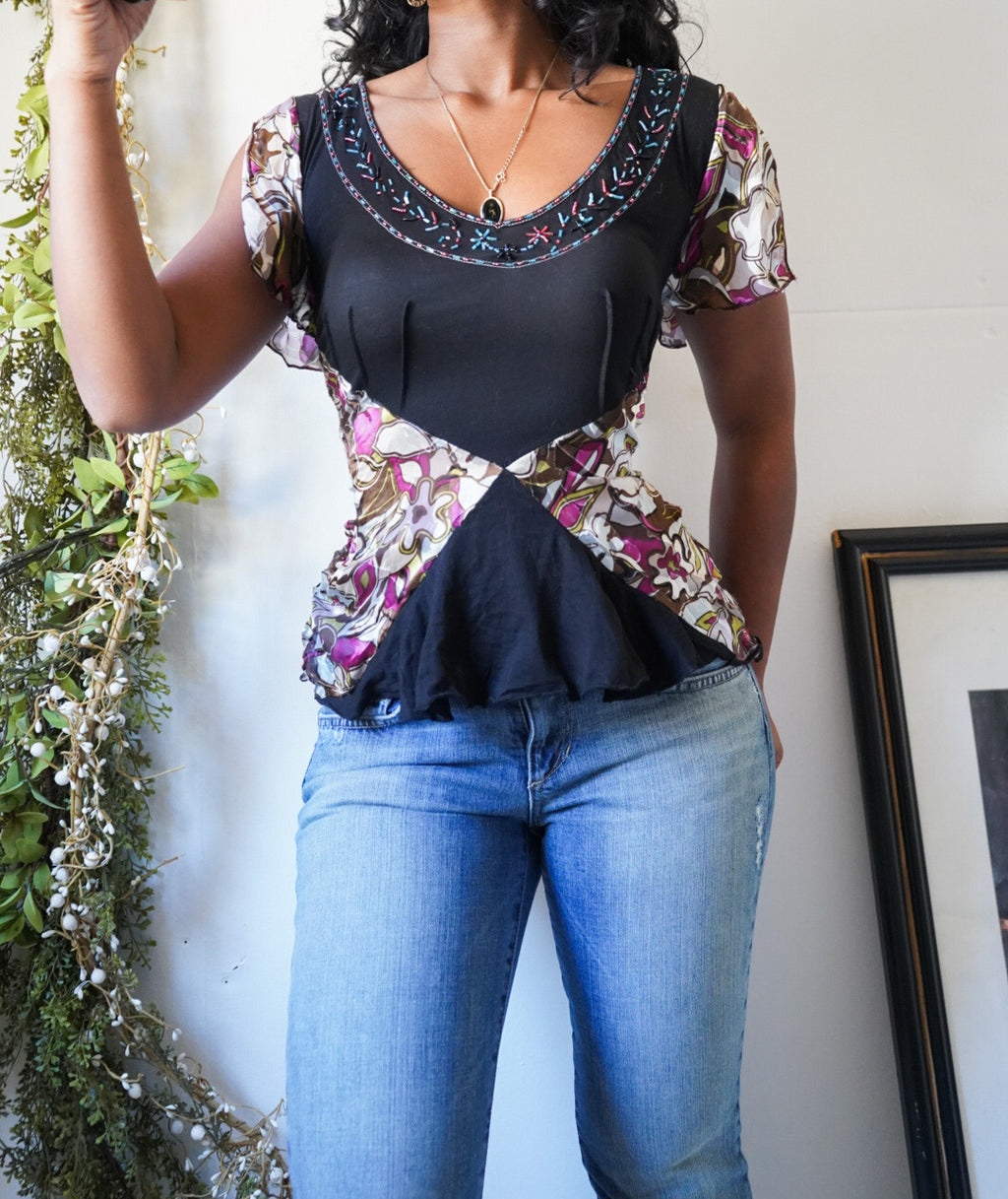 Vintage Y2K Ruched Beaded Detail Top