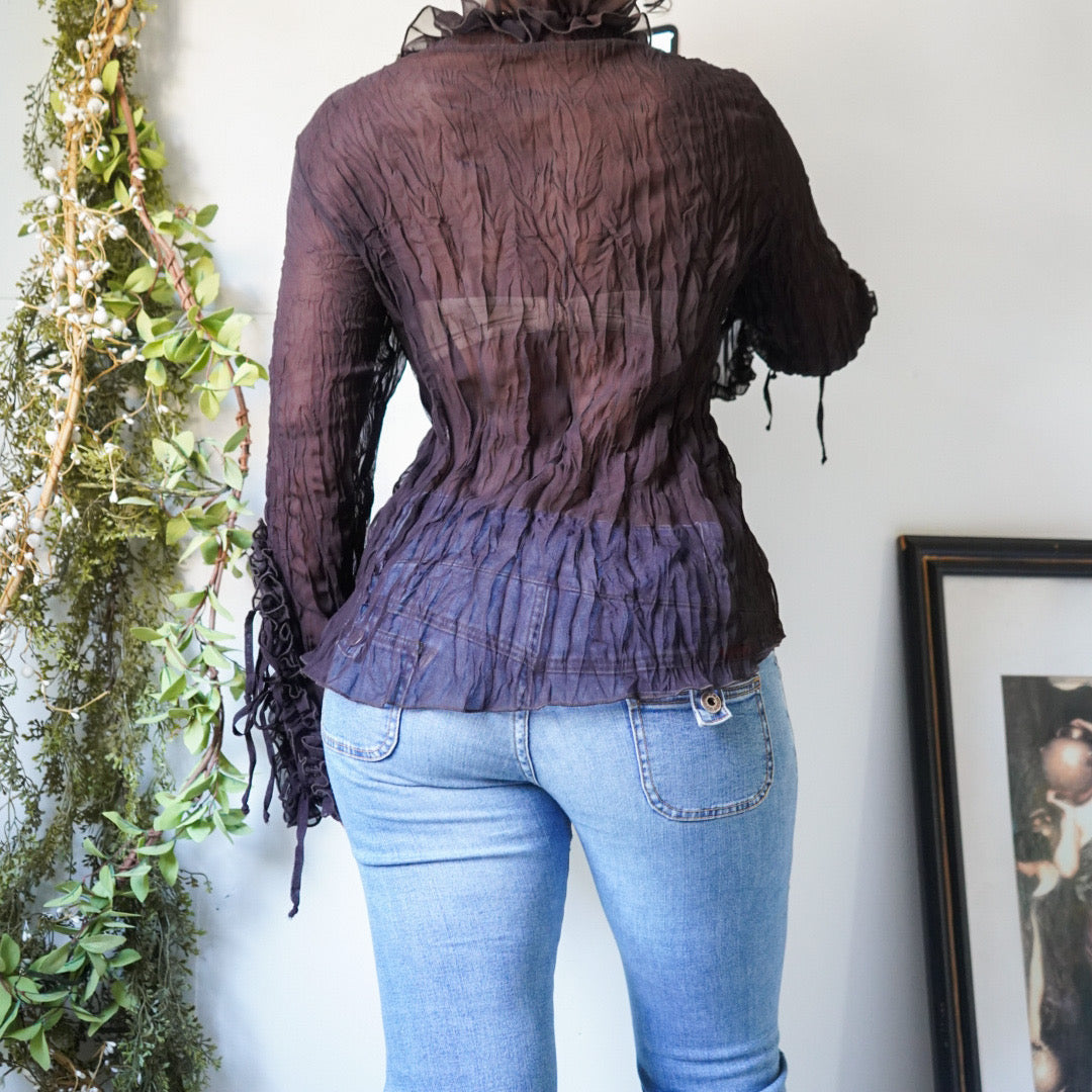 Brown Ruffle Button Down Crinkle Top