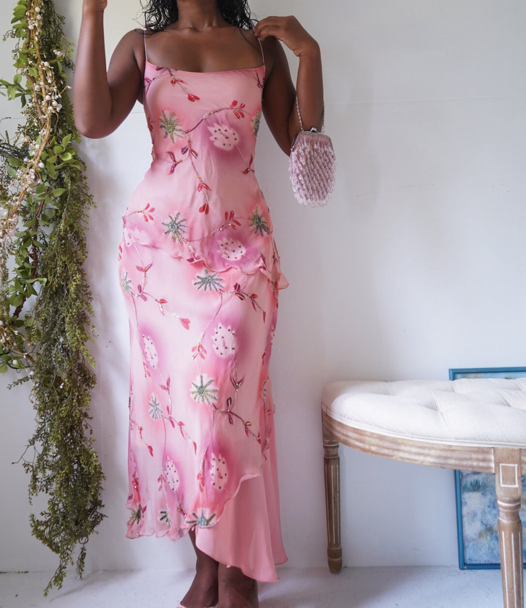 Y2K Peachy Pink Floral Fairy Silk Dress