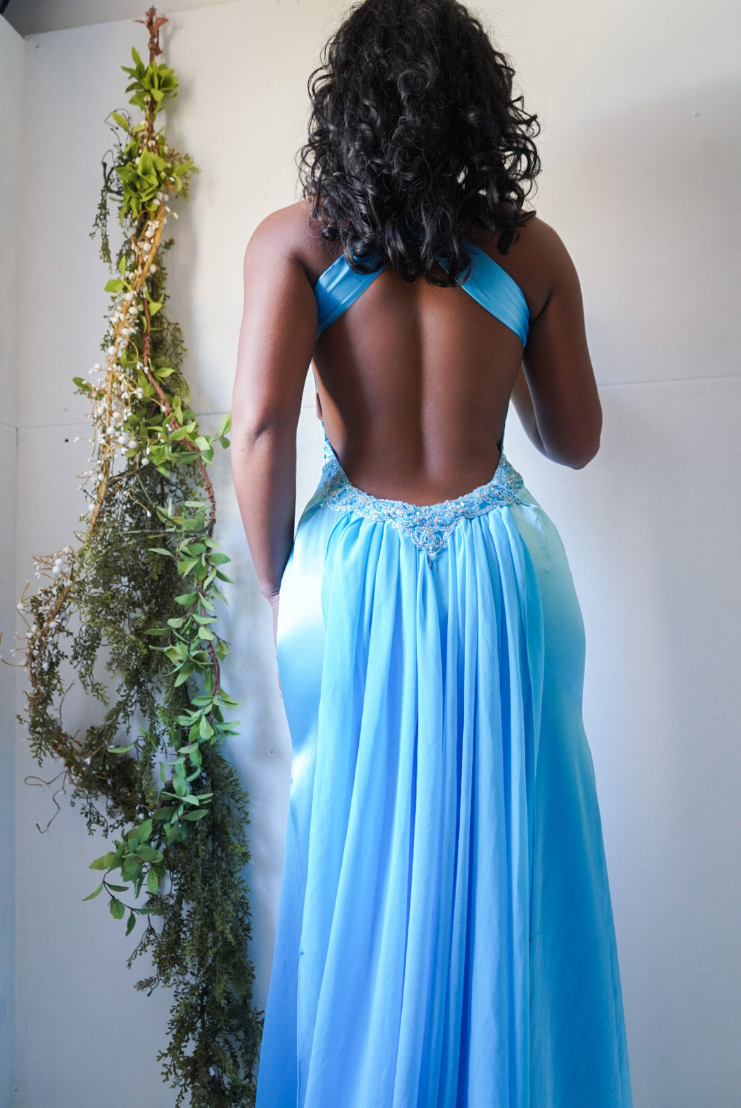 Blue Backless Beaded Detail Gown