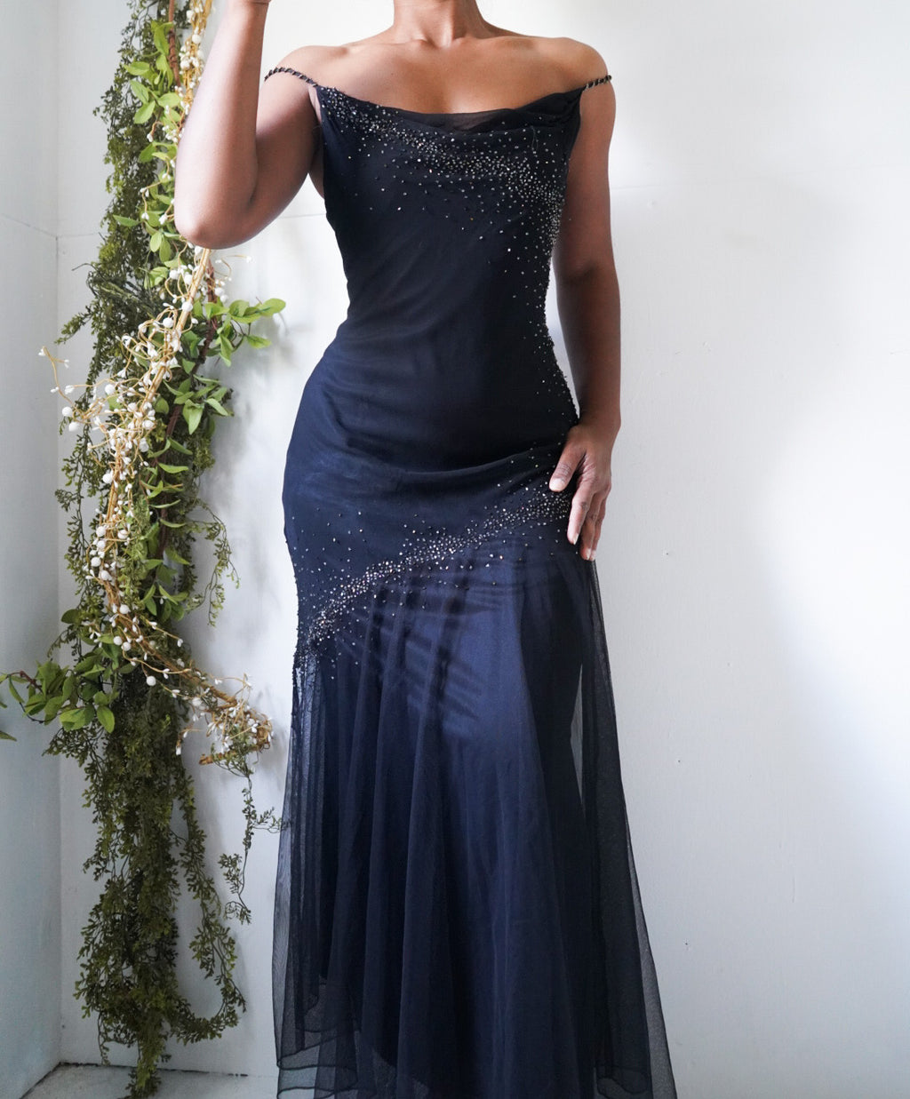 Vintage Y2K Black Silk and Tulle Beaded Gown