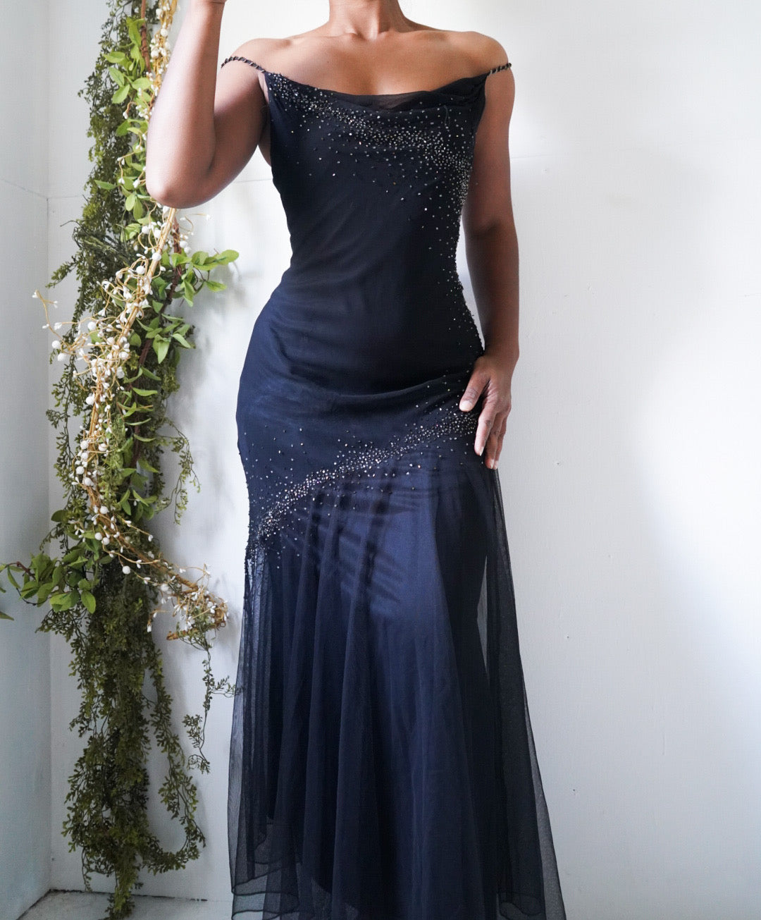 Vintage Y2K Black Silk and Tulle Beaded Gown
