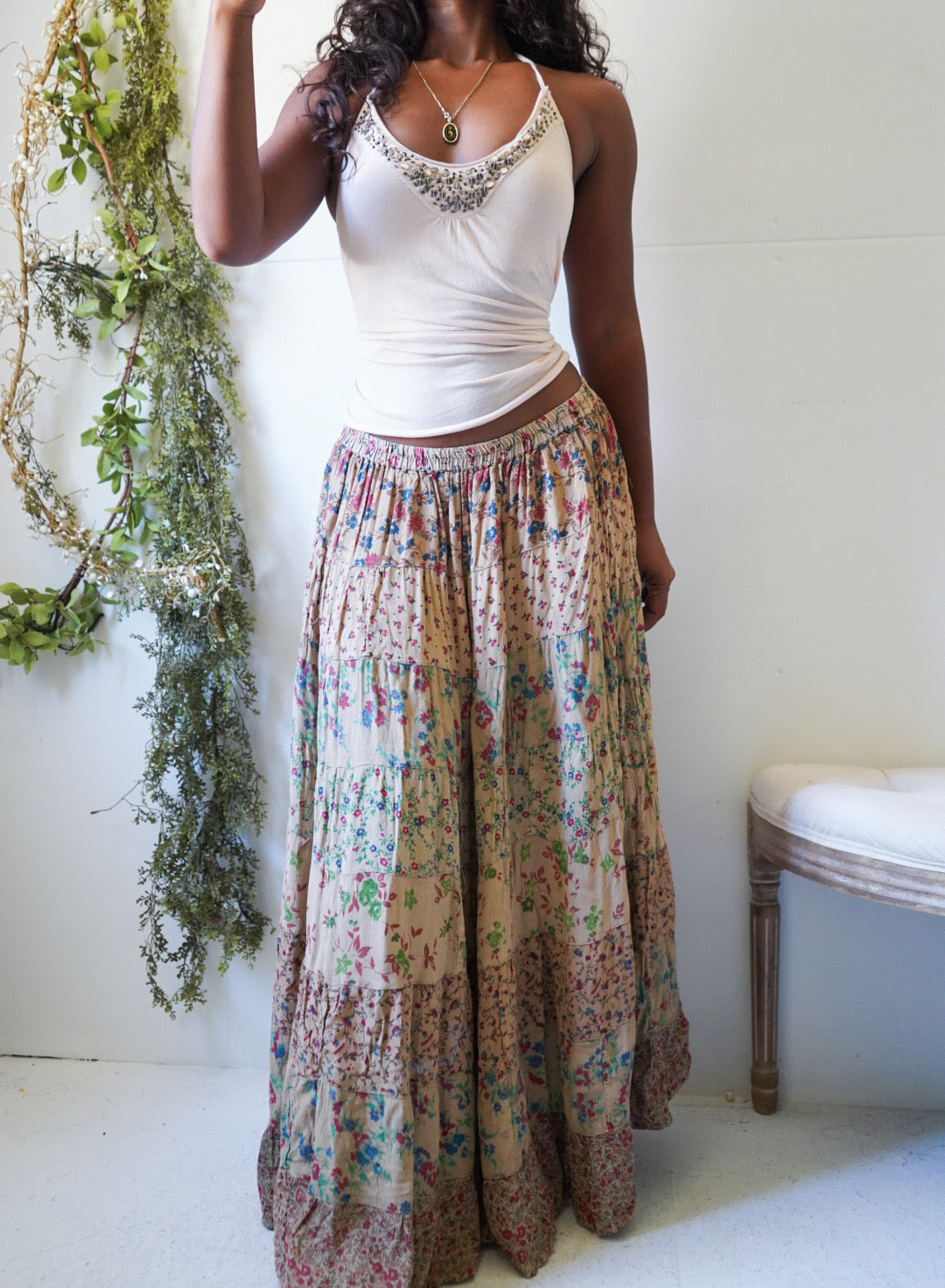 Y2K Tan Floral Tiered Boho Skirt