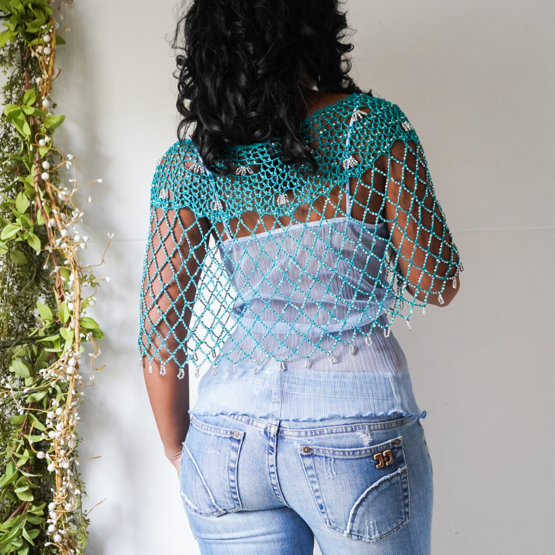 Turquoise Y2K Crochet Beaded Poncho