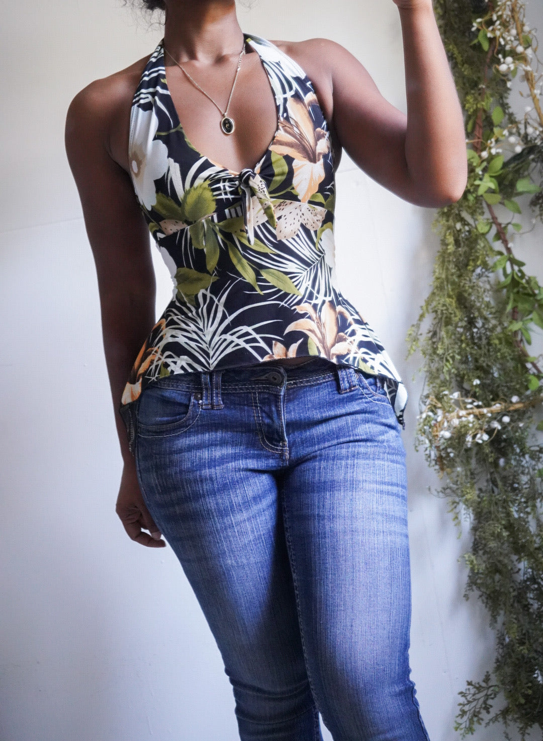 Y2K Tropical Fishtail Hem Halter Top