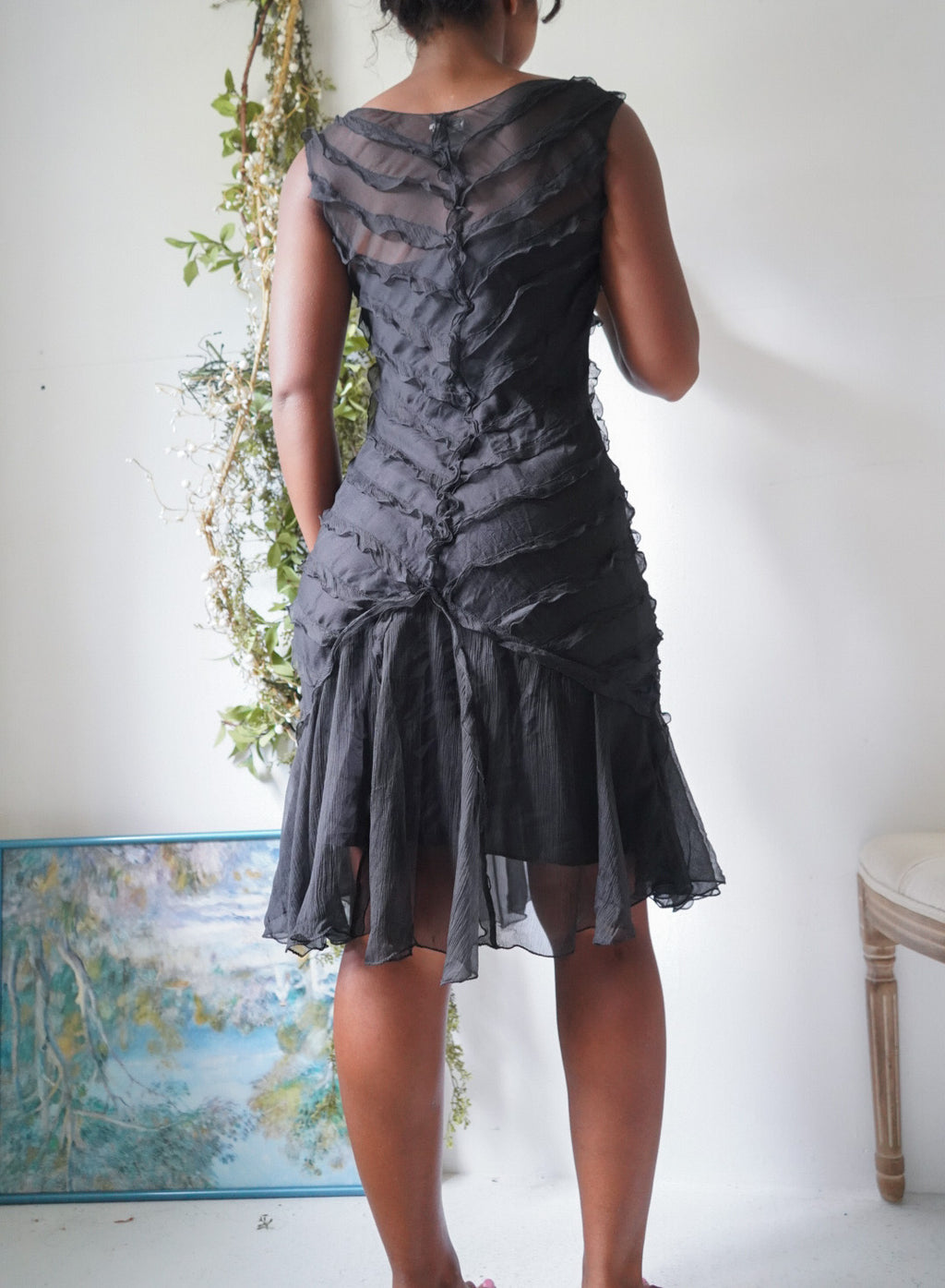 Y2K Black Silk Ruffle Detail Dress
