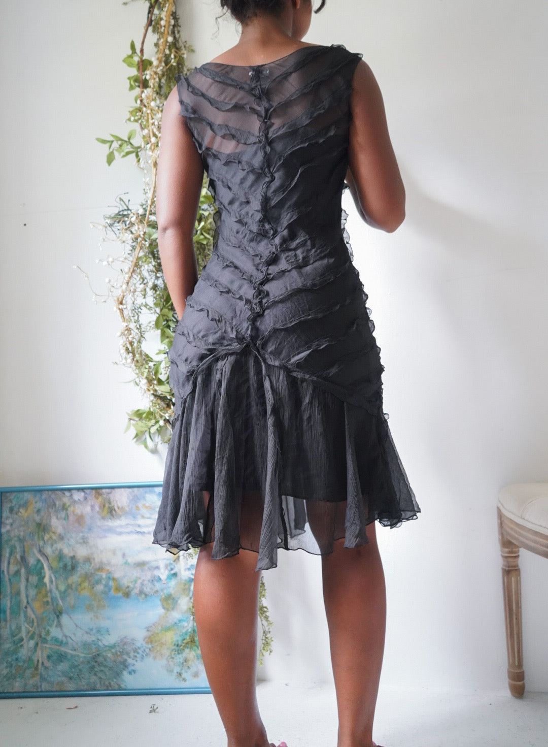 Y2K Black Silk Ruffle Detail Dress