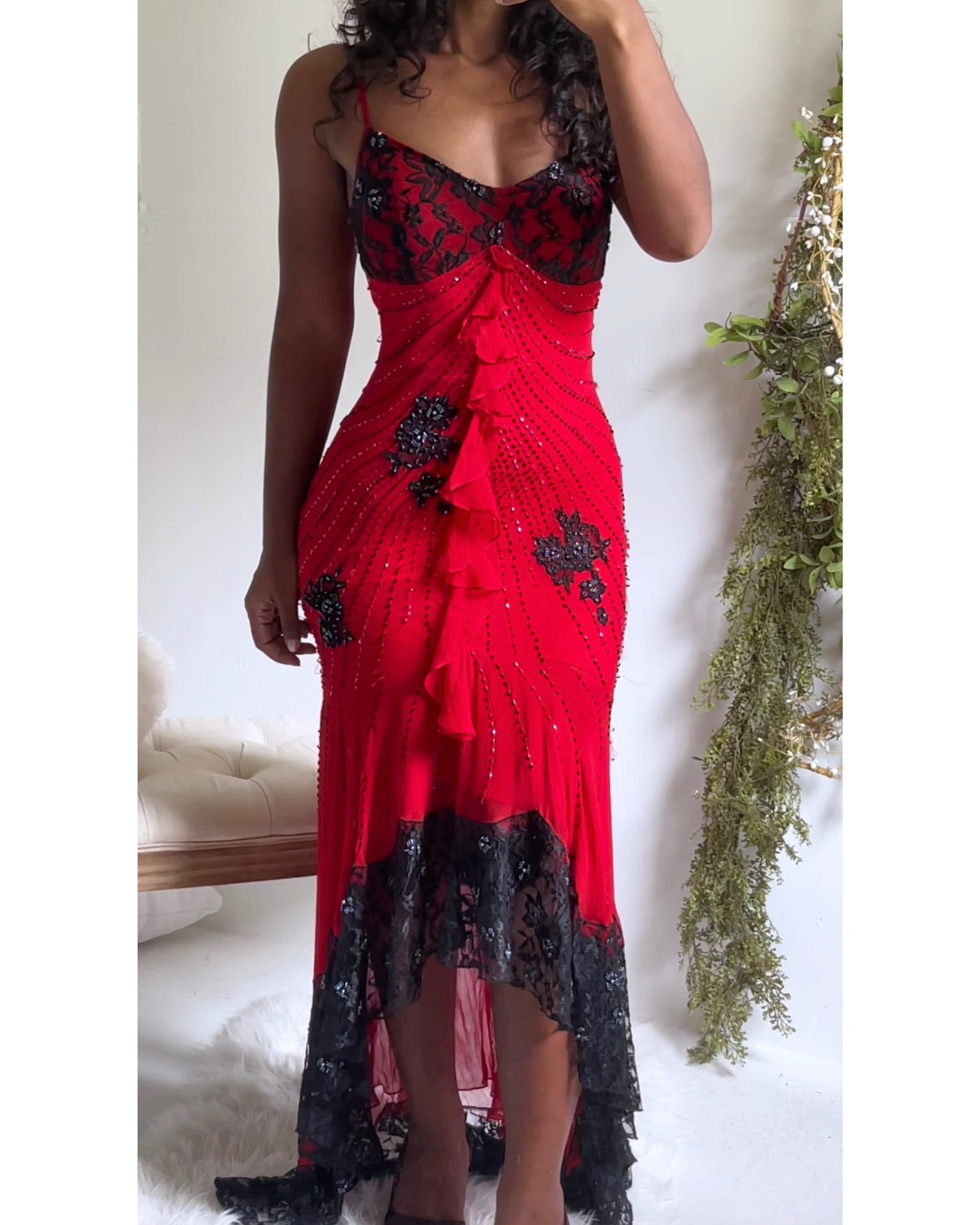 Rare Vintage Y2K Red and Black Lace Beaded Gown