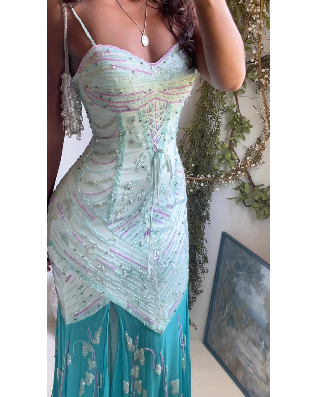 Rare Y2K Beaded Light Turquoise Silk Mermaid Gown