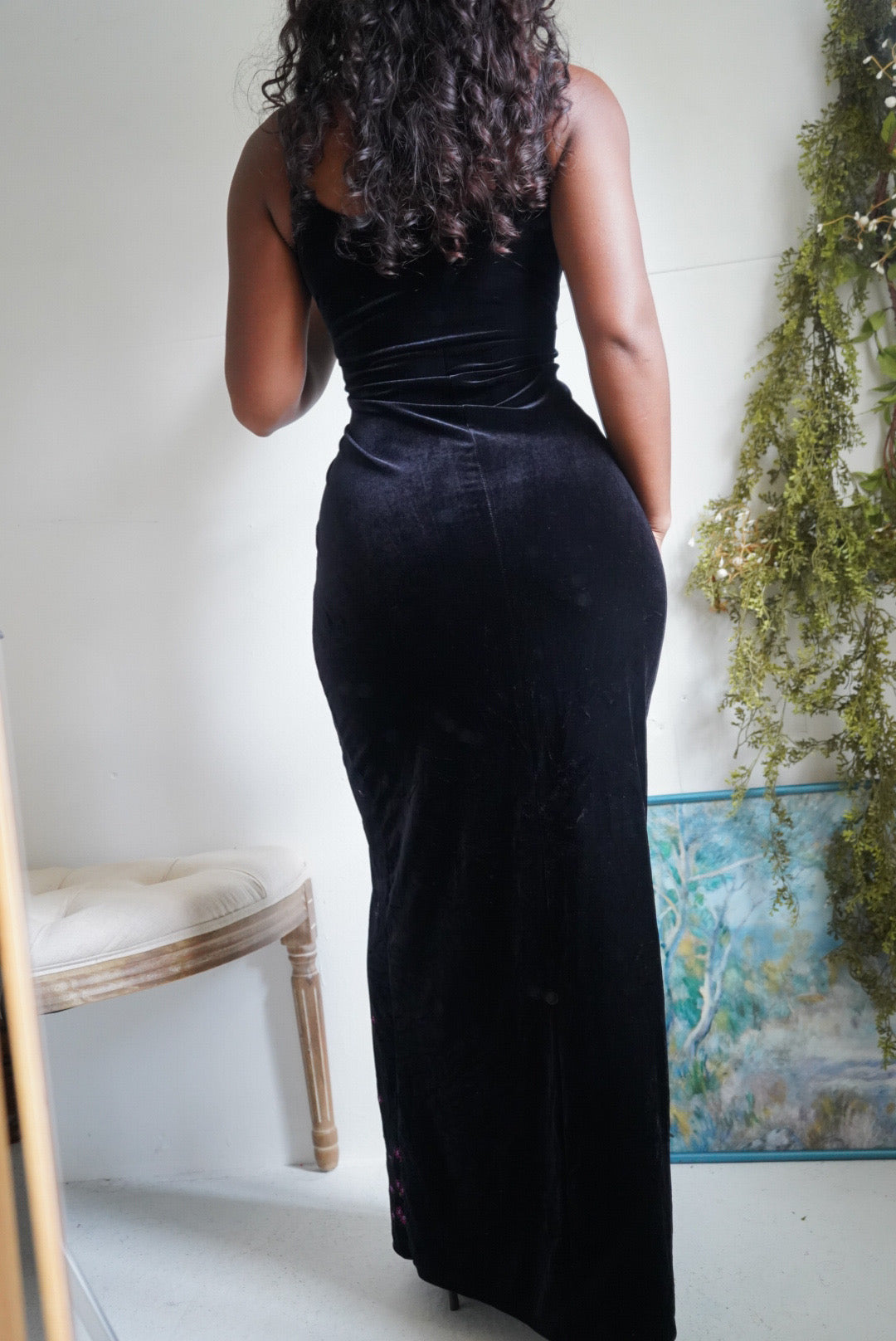 Y2K Black Velvet Gown with Embroidered Flowers
