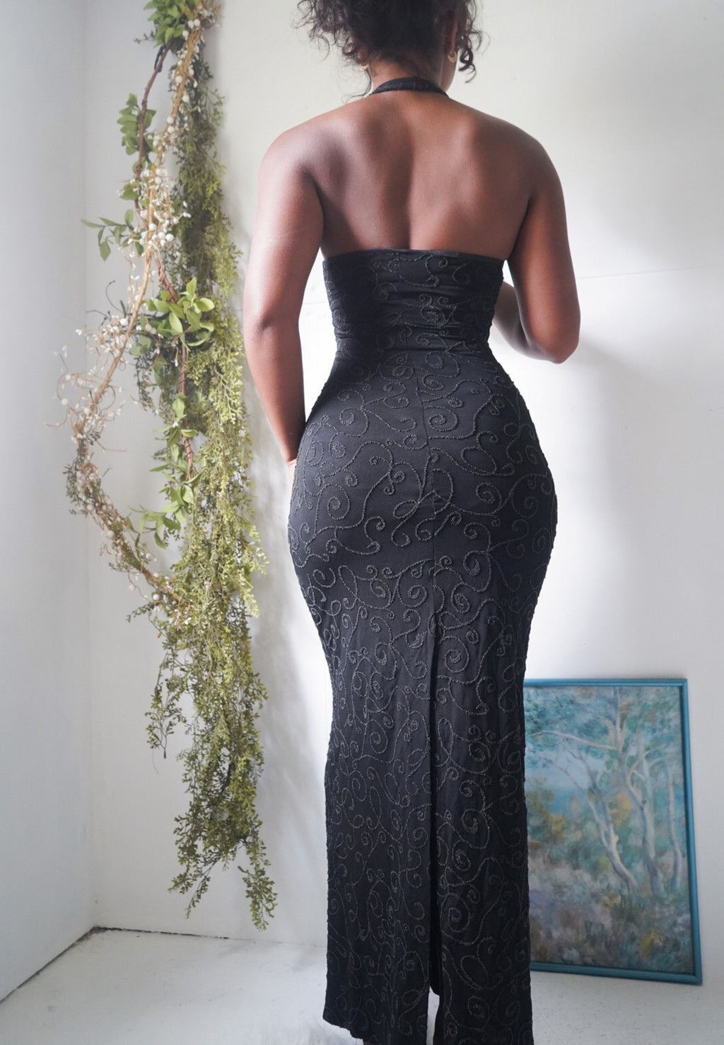 Y2K Beaded Black Halter Gown