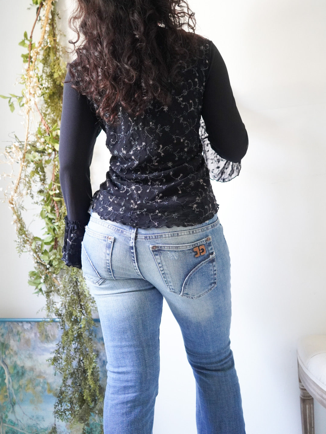 Y2K Black and Silver Embroidered Ruffle Sleeve Top