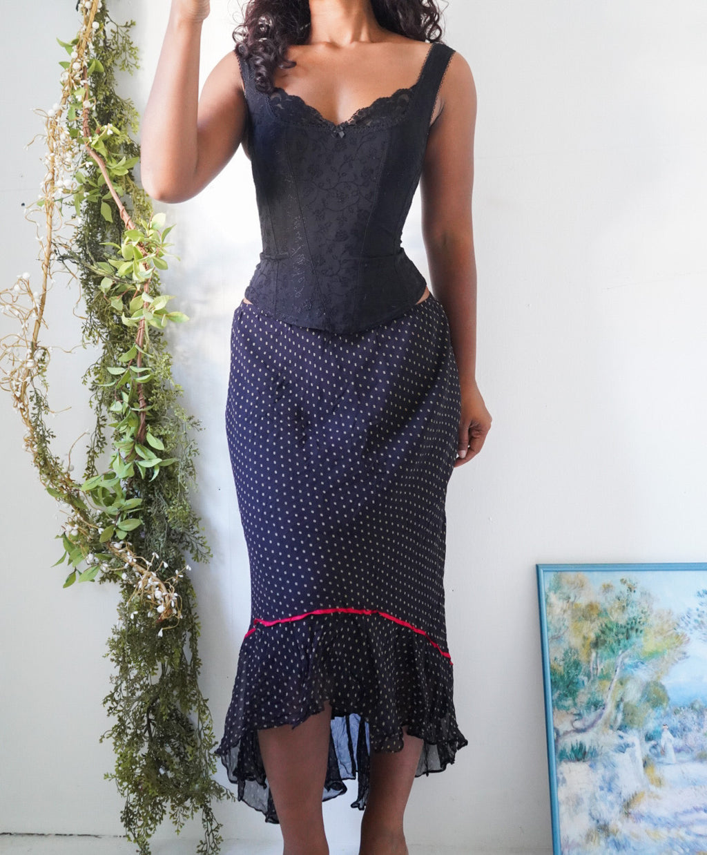 Y2K Silk Dot Ruffle Hem Skirt