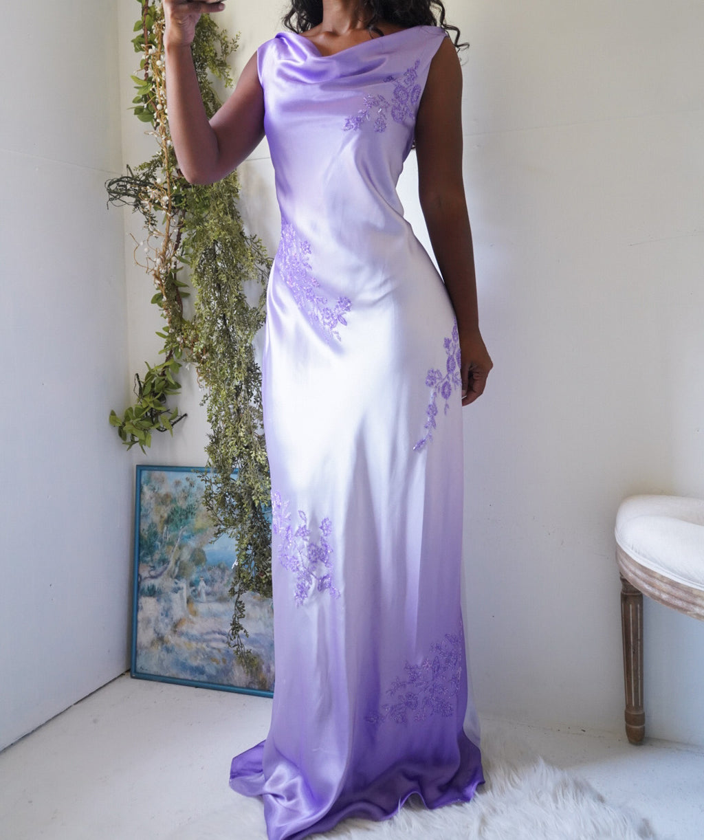 Y2K Beaded Ombre Lavender Satin Gown