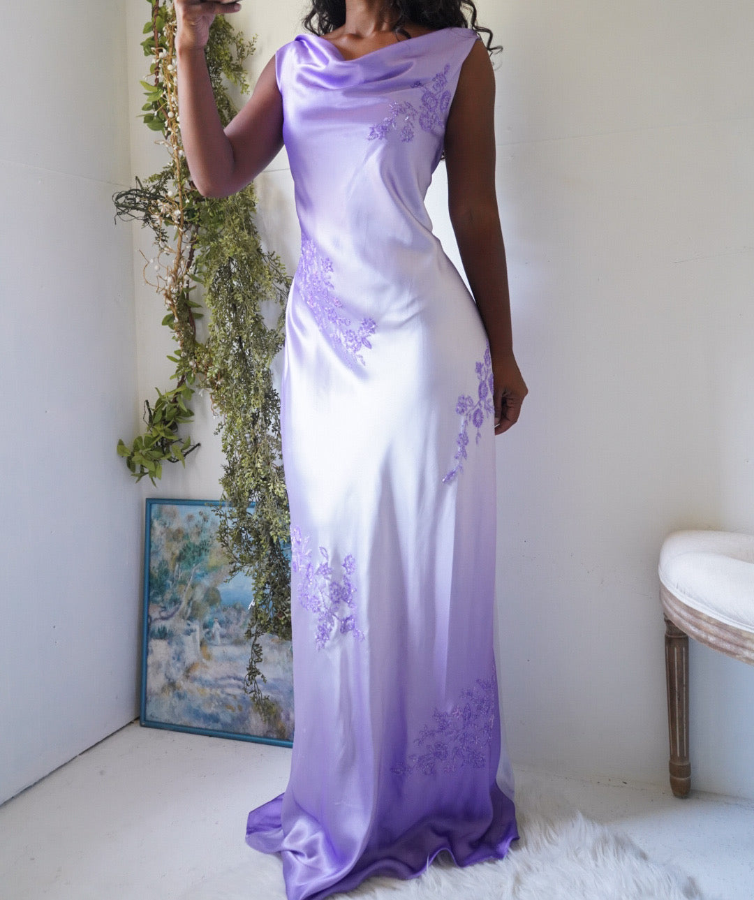 Y2K Beaded Ombre Lavender Satin Gown