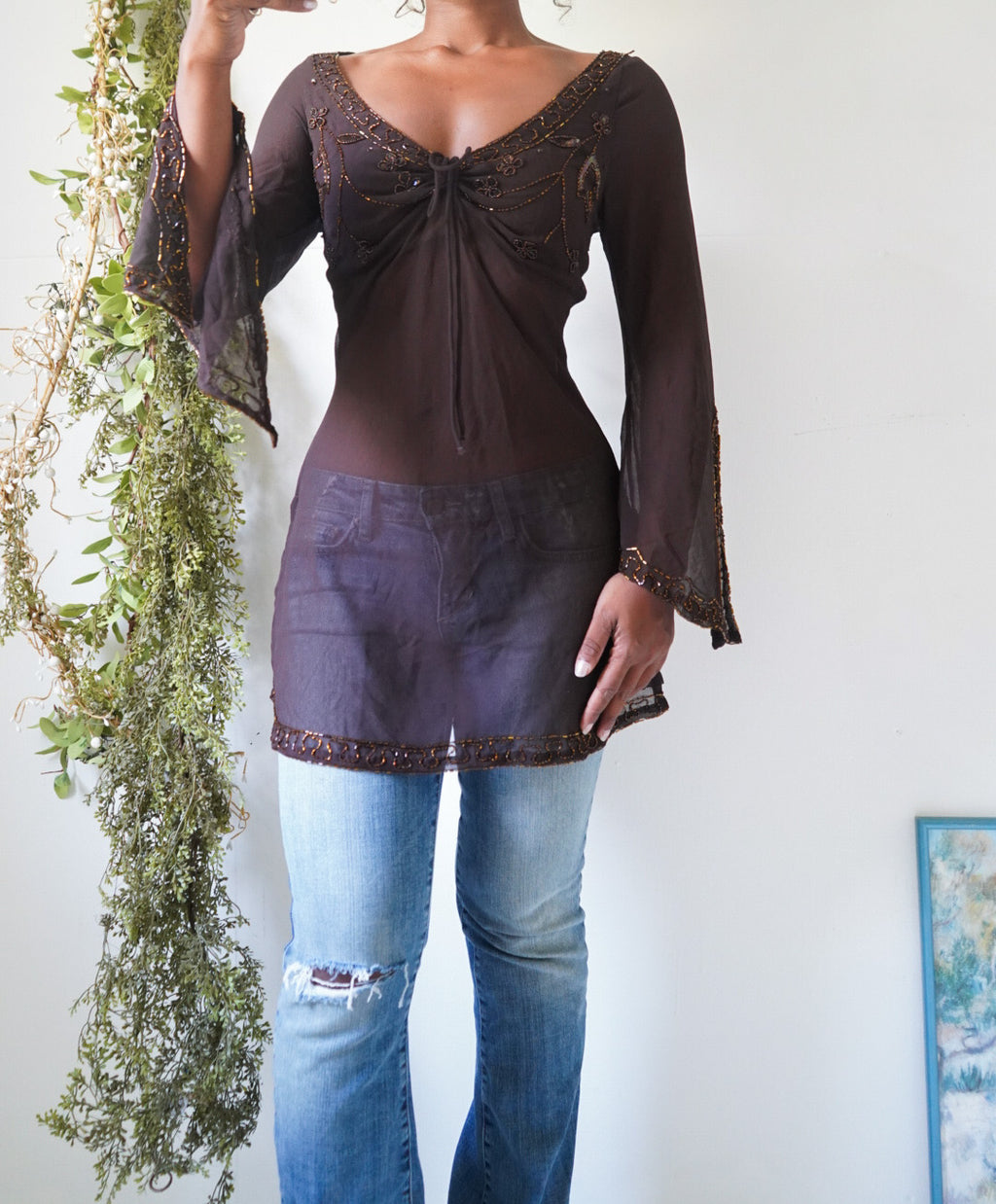 Y2K Beaded Detail Boho Fairy Top