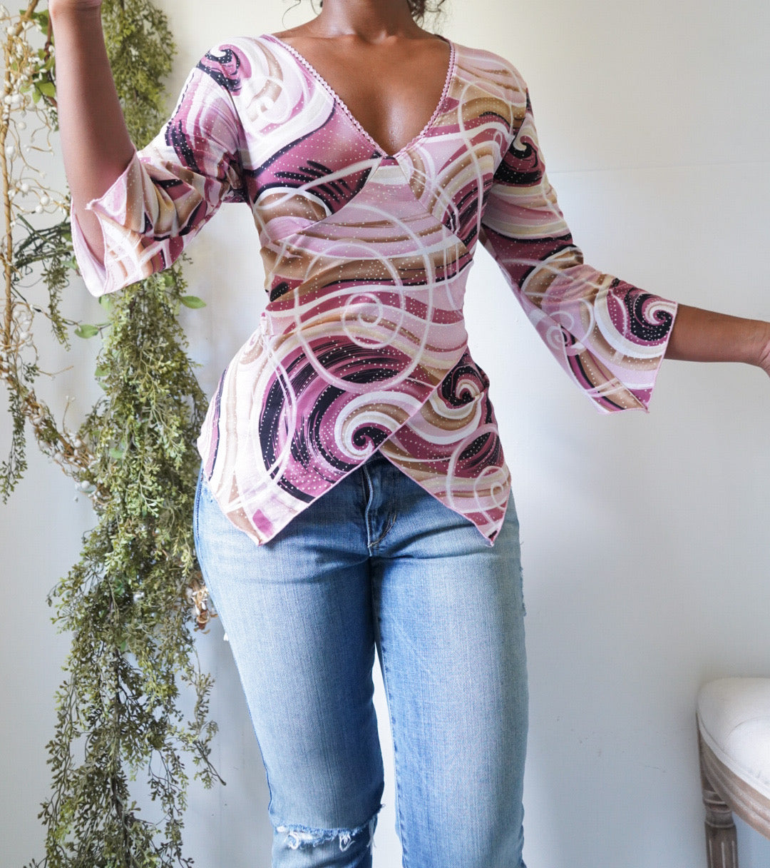 Y2K Abstract Crossover 3/4 Sleeve Top