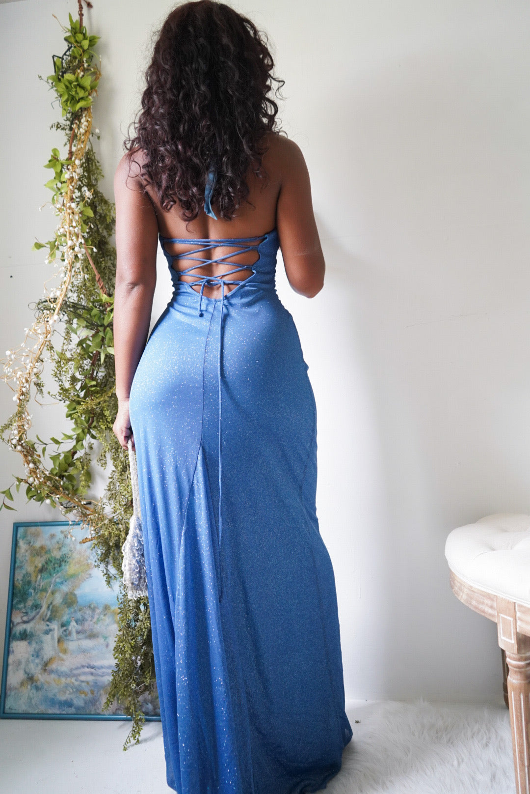 Y2K Blue and Silver Glitter Halter Gown