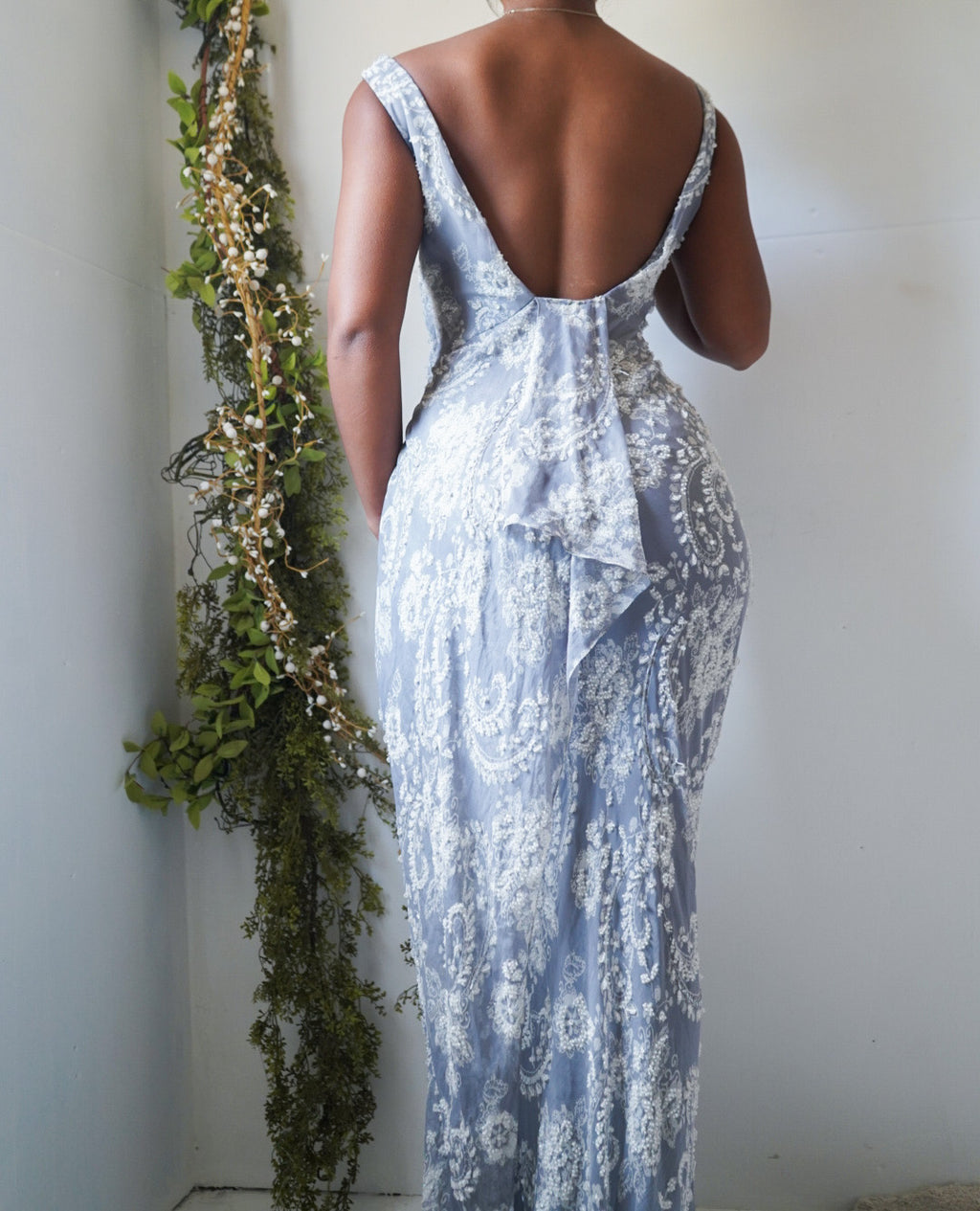 Paisley Floral Beaded Silk Vintage Low Back Gown