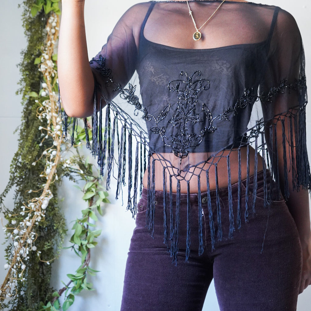 Vintage Black Beaded Detail Sheer Poncho