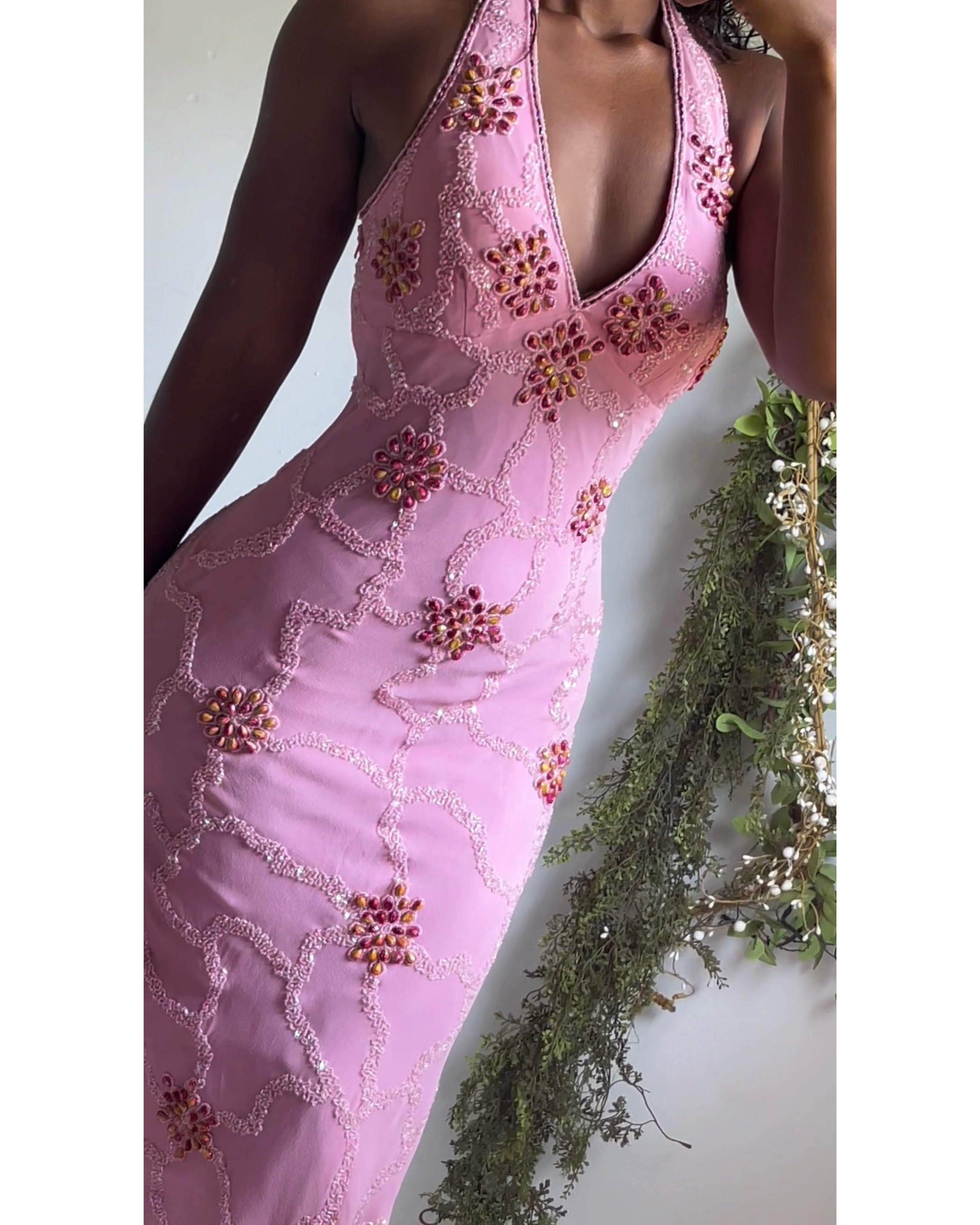 Pink Fully Beaded Silk Halter Midi Dress