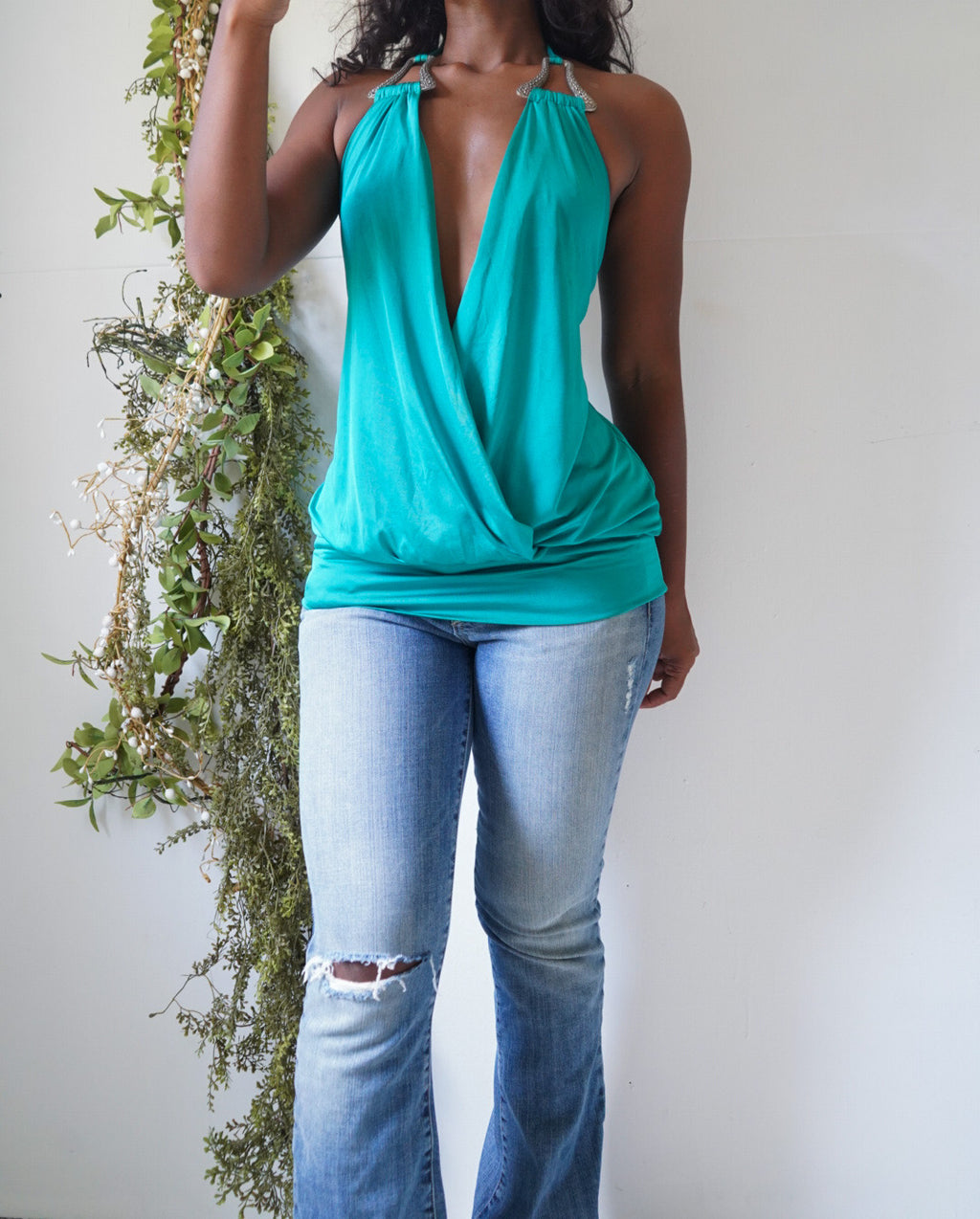 Y2K Teal Halter Crossover Front Top