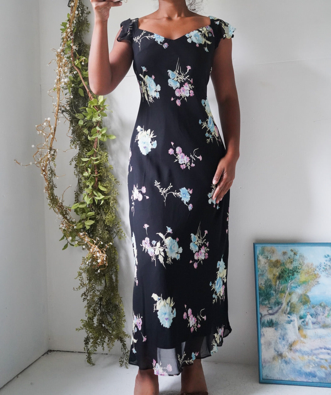 Y2K Black Garden Floral Maxi Dress