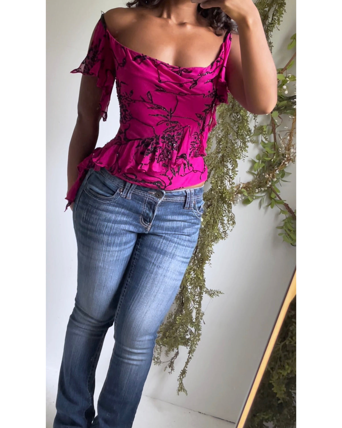 Rare Y2K Cache Fuchsia Silk Beaded Flyaway Sleeve Top