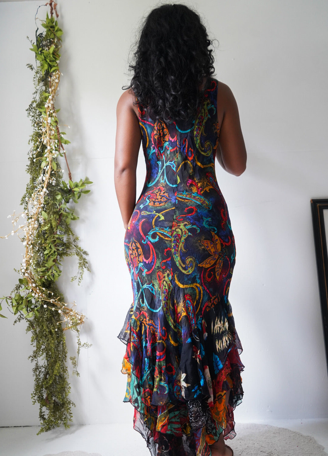 Y2K Silk Colorful Paisley Ruffle Hem Dress