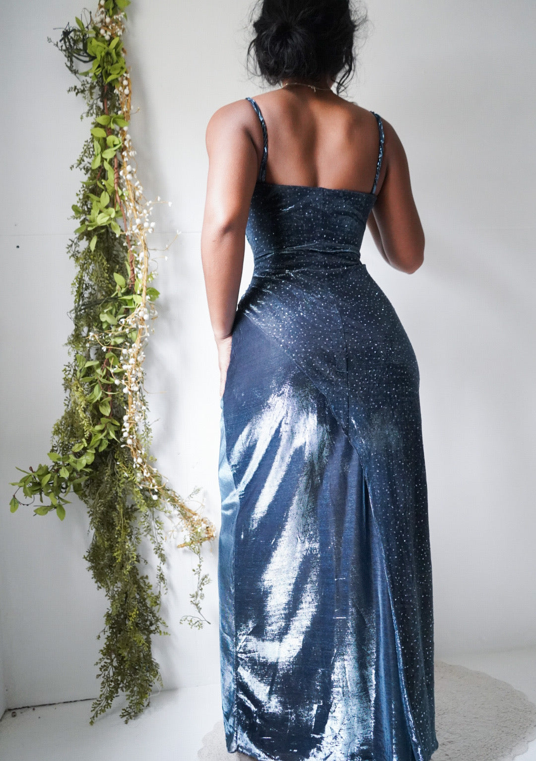 Y2K Navy Blue Wet Look Metallic Gown