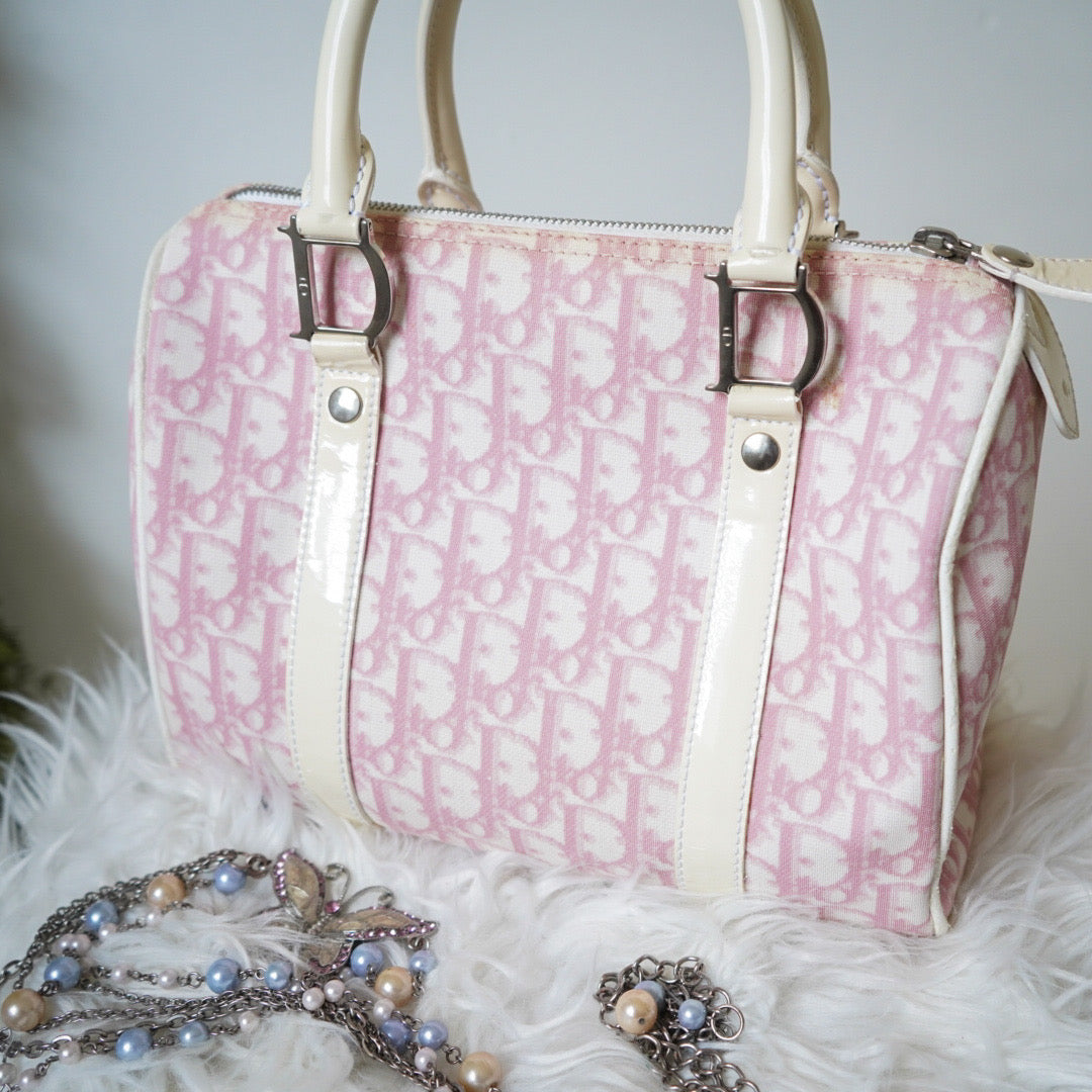 Y2K Dior Pink Trotter Monogram Leather Trim Boston Bag